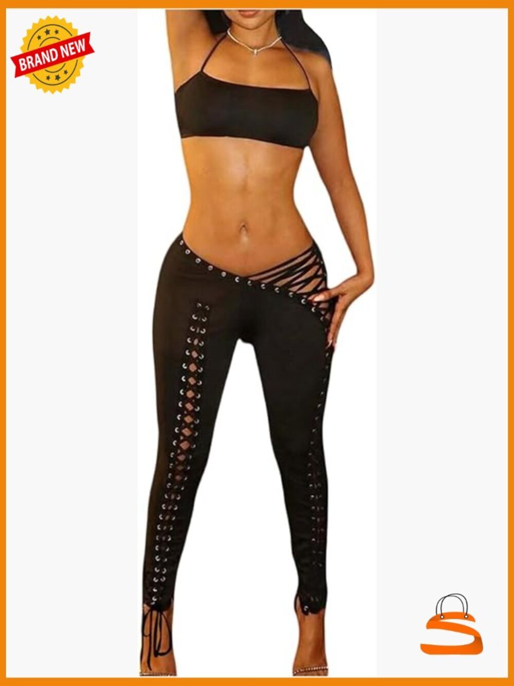 Y2K Halter Crop Top and Lace Up Gothic Pants Festival Set